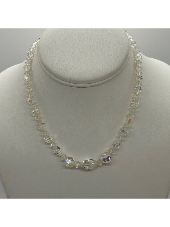 Estate Jewelry - Vintage Clear Faceted Glass Bead Necklace With Shepherds Hook Clasp 1940-1950s
